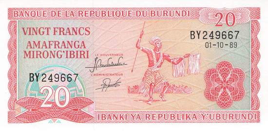Burundi p27b 20 Francs 1989